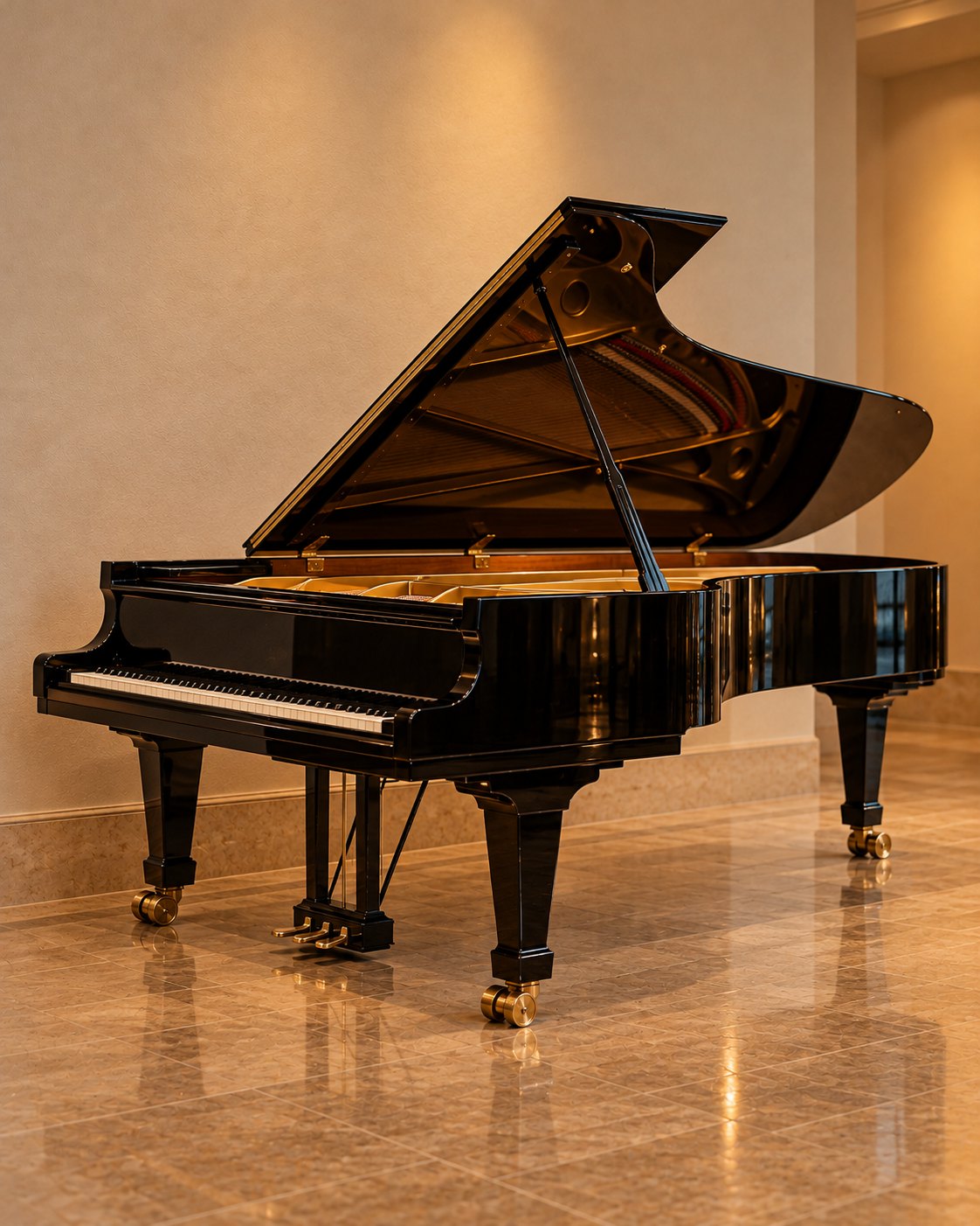 A black concert grand piano with its lid raised, standing alone in a warmly lit gallery