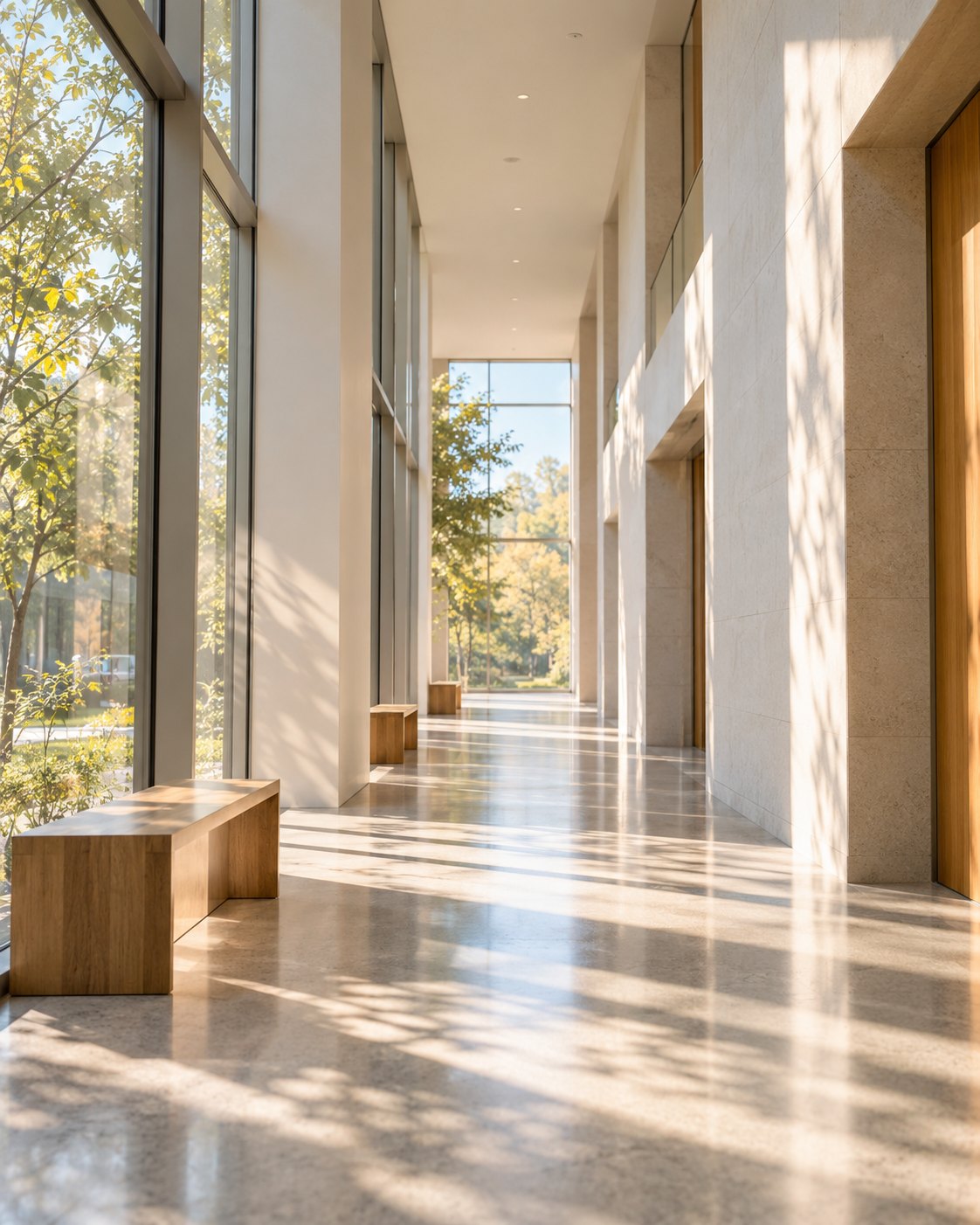 A sunlit corridor with floor-to-ceiling windows onto trees and wooden benches along the glass