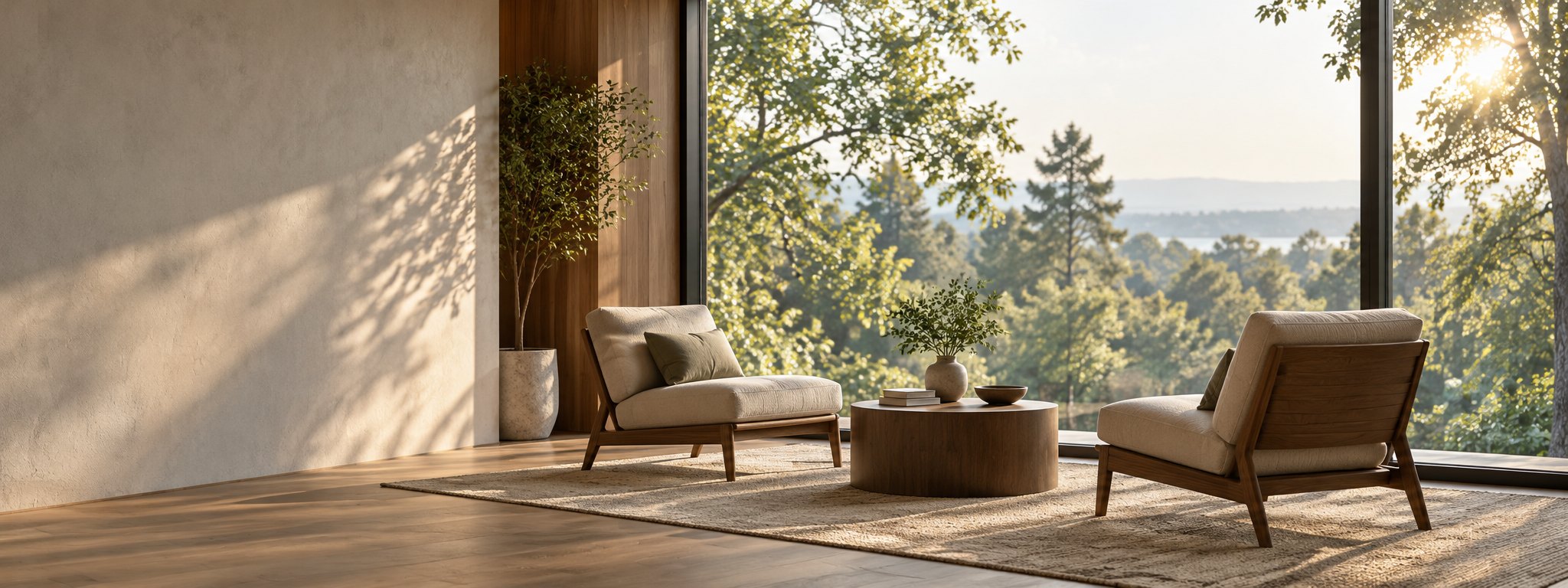 Two lounge chairs and a low wooden table beside a tall window looking out over trees